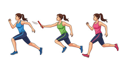 Relay Race Dynamic:Capturing the energy and spirit of athletic teamwork, three vibrant figures engage in a relay race, symbolizing the passage of a baton, a visual feast of human endeavor.