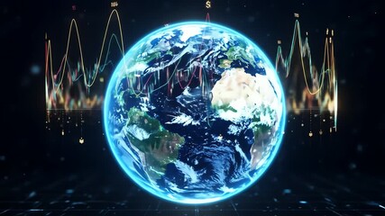 A digital rendering of Earth displays financial graphs and data visualizations - Powered by Adobe