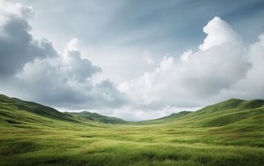 Peaceful nature landscape with rolling green hills, soft grass, and vast summer sky filled with white clouds, perfect for wellness branding, eco campaigns, and scenic commercial editorial content.