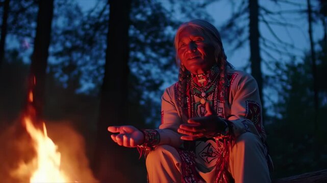 Native American Elder By Campfire At Dusk In Forest.