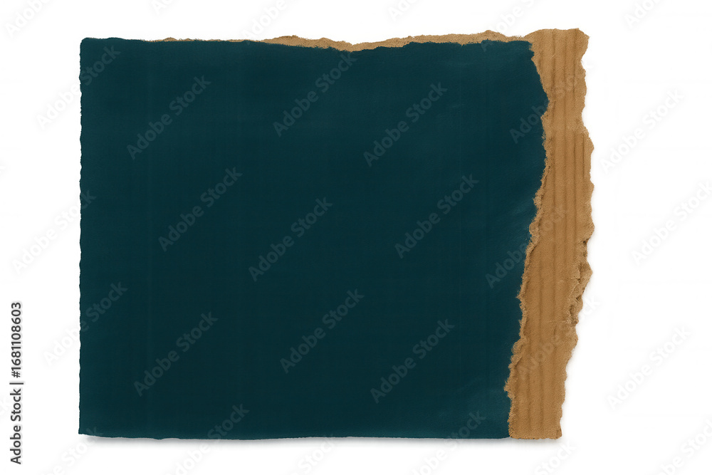 Poster torn cardboard edge revealing teal surface, creating layered texture against transparent backdrop