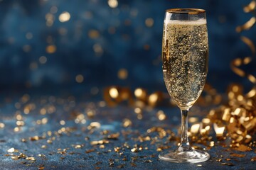 Elegant champagne glass with festive golden confetti on a blurred background