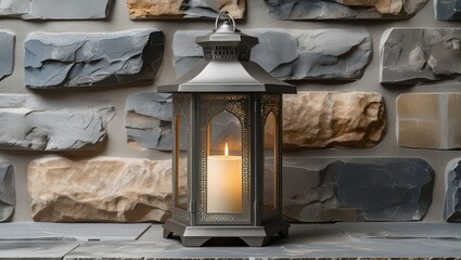 Obraz premium Elegant lantern with a candle against stone wall