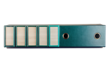 Isolated spine of a green binder with multiple label sections and circular holes on a black background transparent background