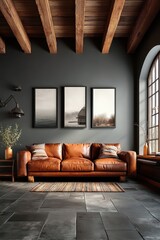 Cozy living room with brown leather couch and modern decor elements