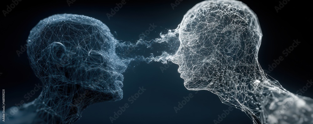 Poster wireframe representation of two human heads in face-to-face connection