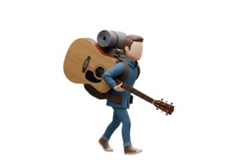 Isolated cartoon man with guitar and backpack walking on a trip in a 3D render, cartoon style