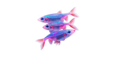 Three Vibrant Neon Fish. Aquatic Life And Colorful Marine Aesthetics Isolated On Transparent Background