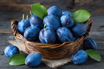 Basket of ripe blue plums on a wooden table
