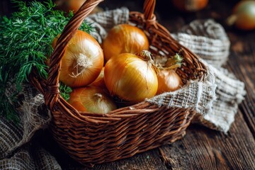 Basket of organic yellow onions