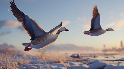 Snow geese in flight with sunrise over a winter landscape, and wildlife scene.