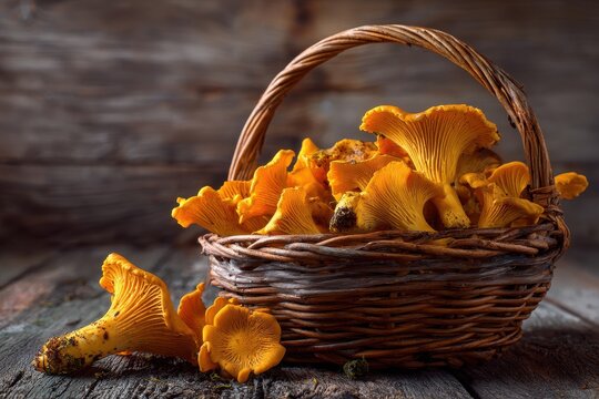 Basket of chanterelle mushrooms on a wooden surface - Powered by Adobe