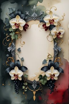 A romantic watercolor frame with baroque and vintage elements. Elegant orchids, grapes, ivy and abstract flowers in gold, cream and grey surround a soft, empty center. A luxurious, detailed design, pe