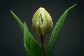 An upright image of a green tulip bloom