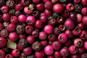 An overhead macro image of intact and crushed pink peppercorns