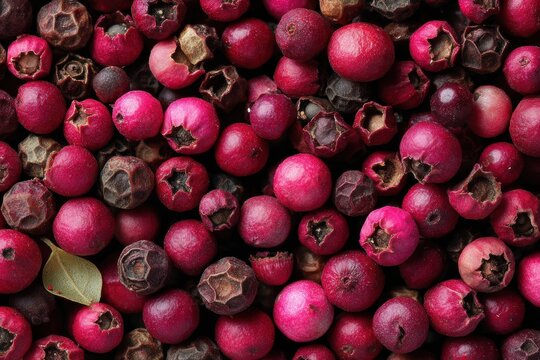 An overhead macro image of intact and crushed pink peppercorns