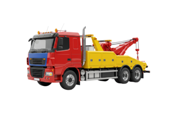 Isolated tow truck on a neutral background, red and yellow modern heavy-duty vehicle