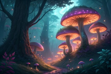A cartoon fairy tale princess sits on a spooky pumpkin next to a magical mushroom, under the dark Halloween night sky with bats flying by