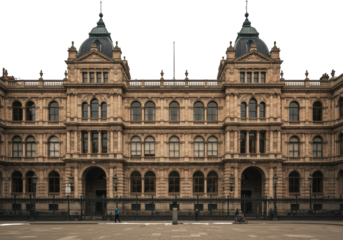 Isolated ornate Victorian-style government building with fence, street and people, daytime view