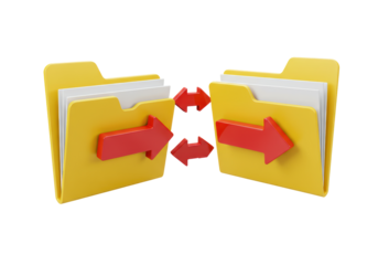 Isolated folders transferring data, red bidirectional arrows, file sharing exchange concept