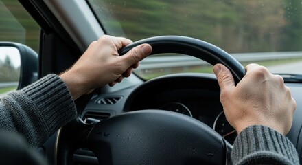 Close-up of hands firmly holding steering wheel in a vehicle. Surrounding scenery features blurred trees and calm road, suggesting a serene autumn drive