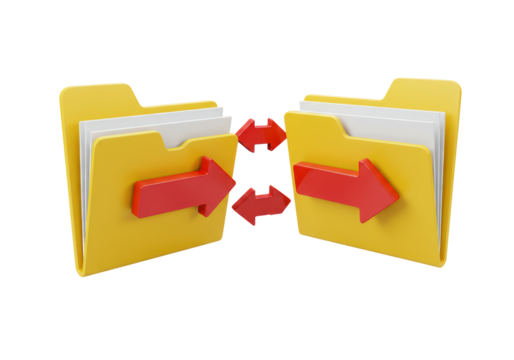 Isolated folders transferring data, red bidirectional arrows, file sharing exchange concept