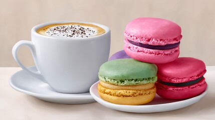 Obraz premium Coffee cup with frothy surface sits beside an assortment of colorful macarons on a white plate, showcasing delightful desserts and inviting atmosphere for a cozy cafe experience