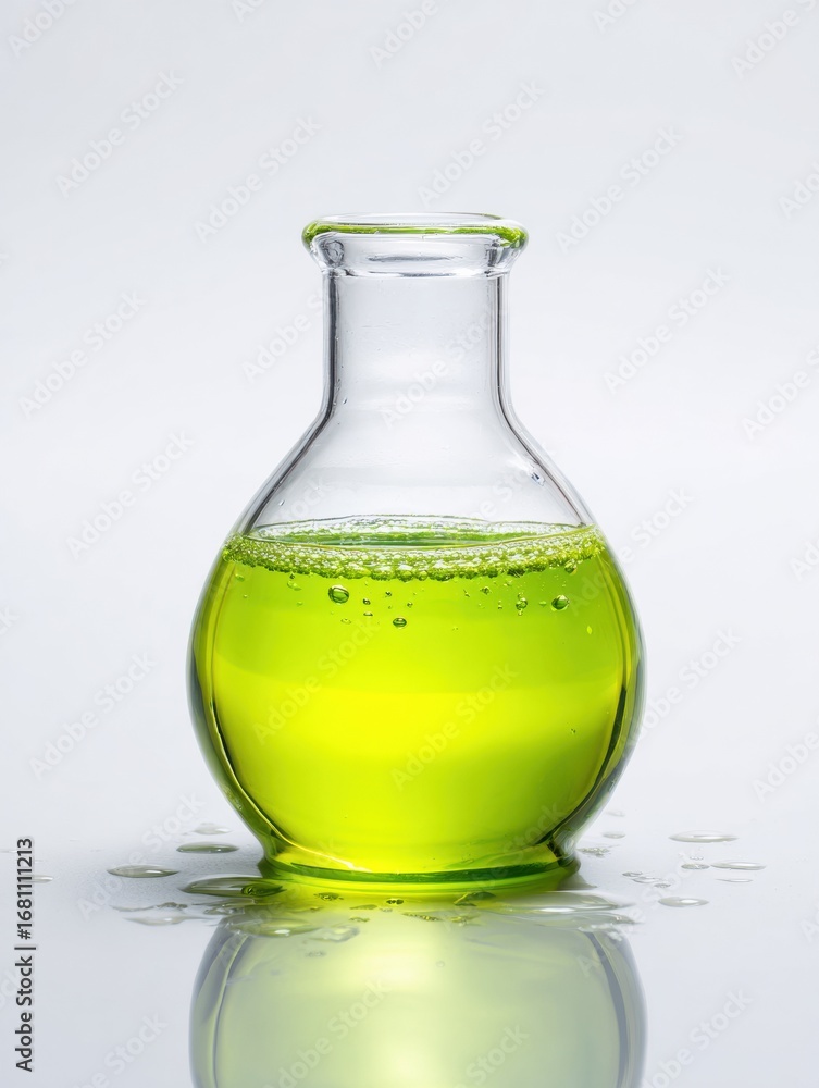Poster bright green liquid in a glass flask reflecting light on a smooth surface in a laboratory setting