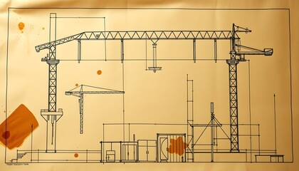 Architectural blueprint sketch featuring crane designs and building structures on aged paper.