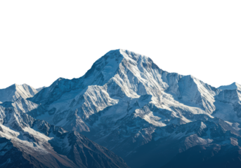 Isolated majestic mountain peak, snowcapped summit landscape, steep slopes, cold weather, peak season