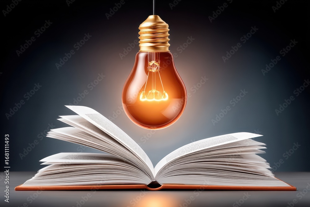 Poster glowing light bulb above an open book signifying knowledge and ideas