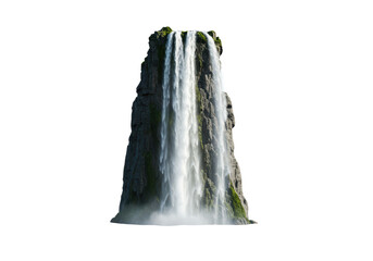Isolated waterfall feature with flowing water cascading down mossy stone face, nature scenic