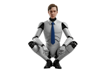 Isolated Humanoid Robot Squatting with a Human Head and Wearing a Shirt with a Necktie