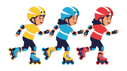 Roller Skating Trio in Motion: Three children, each donned in vibrant safety gear, skate forward with joyous determination, creating a dynamic depiction of childhood enjoyment and adventure.