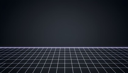 A retro-styled digital grid floor against a dark, empty background.