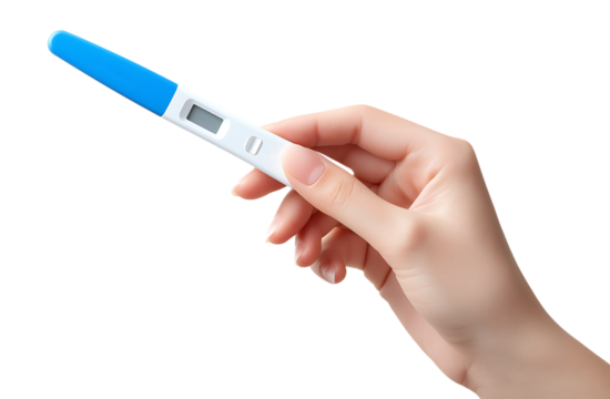 Anticipation of Motherhood: Hand Holding Digital Pregnancy Test isolated on a transparent background