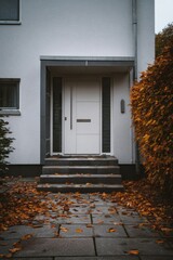 A stylish white front door entrance of a modern grey house, surrounded by golden autumn leaves scattered across the ground.