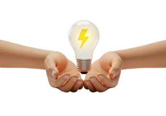 Isolated bulb with lightning bolt in two hands holds creative energy concept