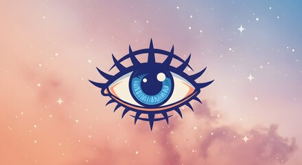Fototapeta premium Mystical Blue Eye Graphic on Dreamy Pastel Starry Sky Background