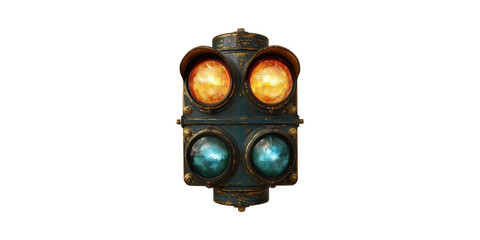 Vintage Traffic Light With Dual Amber And Blue Lights. Retro Urban Design And Signal History Isolated On Transparent Background