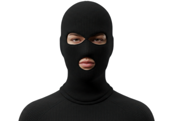 Isolated woman in balaclava showing part of her face, ready for criminal activity
