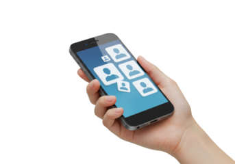 Isolated hand holding phone showing social media application with connection icons