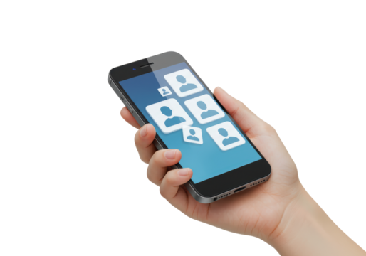 Isolated hand holding phone showing social media application with connection icons
