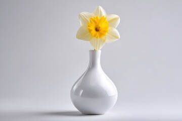 A white vase containing a single daffodil on a white background with a cutout