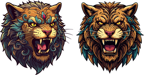 Intricate Tiger Head Designs Roaring Vector Illustrations with Sharp Fangs