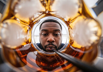 Man peering through a glass filled with ice cubes and a brown liquid drink with a straw inside it