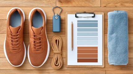 Organized fitness items with brown sneakers on a wooden floor