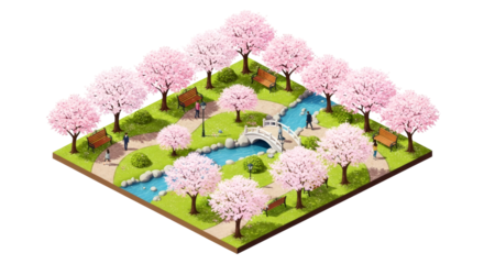 tranquil spring scene isometric illustration of a serene cherry blossom park with winding river, isolated on transparent background