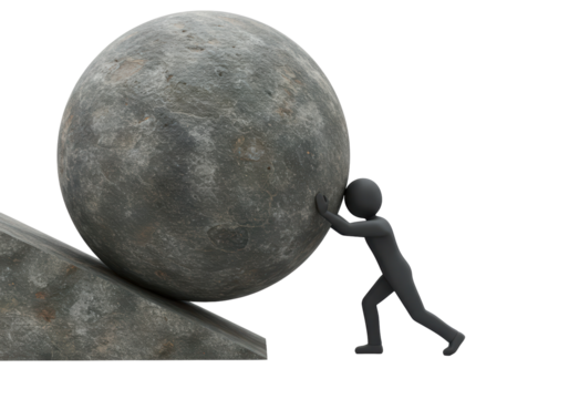 Isolated stone ball push challenge with pushing figure near obstruction or wall, difficulty