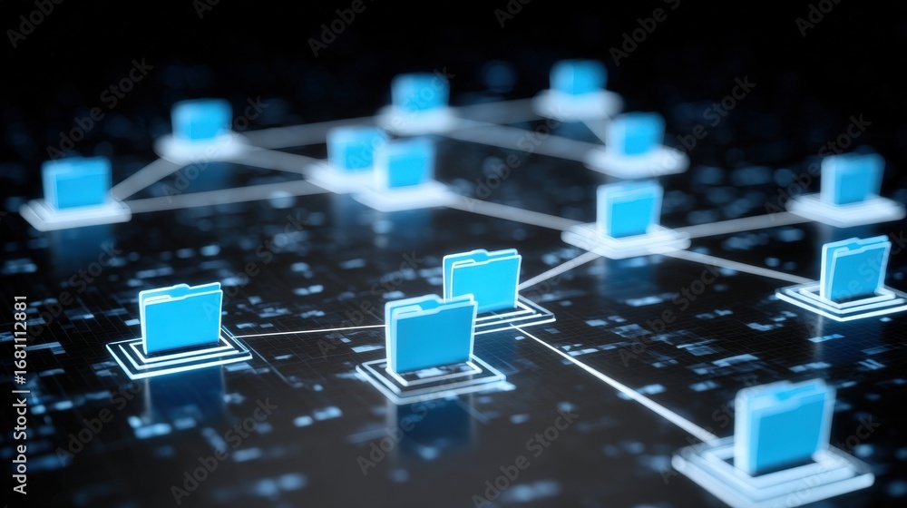 Poster abstract network grid with files and folders, futuristic software interface, digital document manage